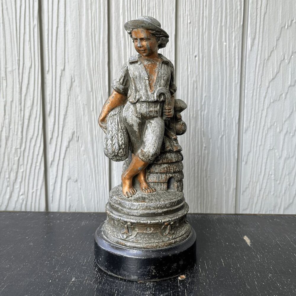 Vintage Pewter Boy with Beehive Statue Painted Folk Art Decor